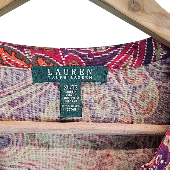 Lauren Ralph Lauren Cotton Paisley V-Neck Top Size XL Burgundy Red Casual Boho - Picture 13 of 14